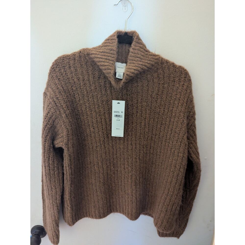 Calvin Klein Jeans Sweater Top Women’s Size Small Tan Ribbed Mock Neck NWT